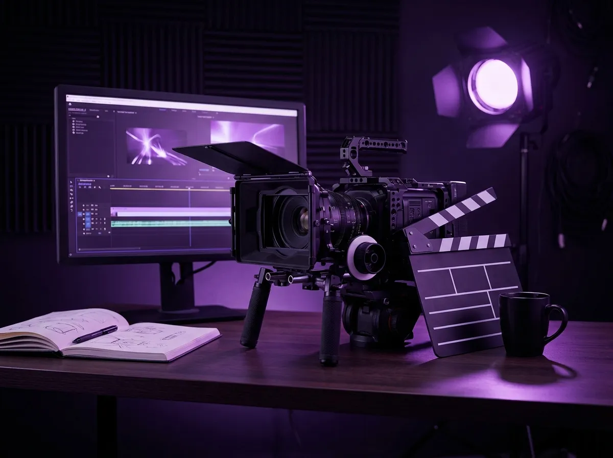 VT Solutions production studio — camera, editing monitor and clapperboard in purple studio light